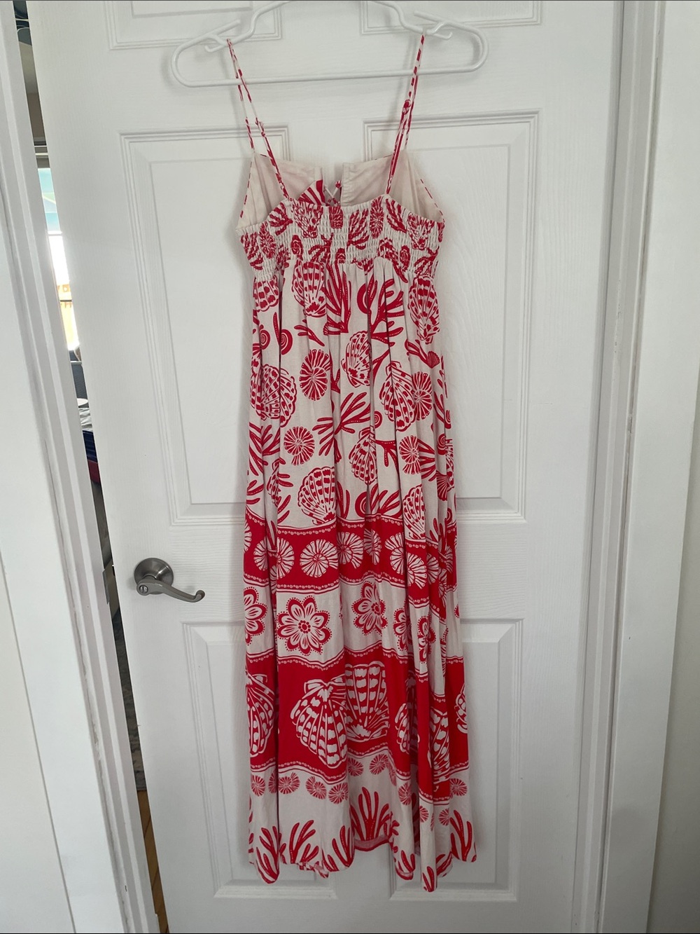 Red and White Shell-Print Maxi Dress - Sleeveless Spaghetti Strap - Picture 7 of 9